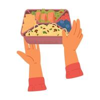 Hands holding bento box with food illustration isolated on white. Pasta with mushrooms, berries, cookies, salmon and salad in food container. vector