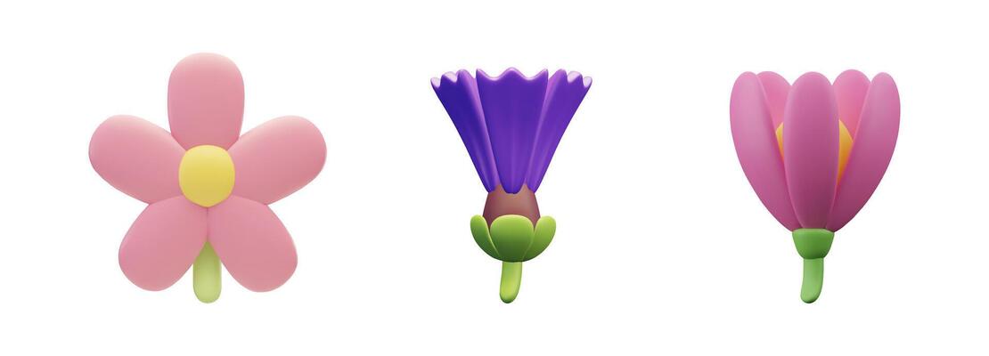 Flowers 3d render plastic imitation illustrations set isolated on white. Wildflowers set.