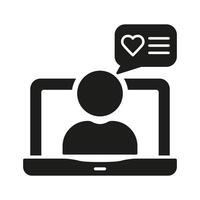 Comment, Feedback, Message Silhouette Icon. Online Chat Glyph Pictogram. Laptop With Man And Speech Bubble Solid Sign. Dialog, Conversation Symbol. Isolated Illustration vector
