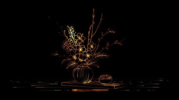 Neon frame effect traditional Japanese Ikebana flower arrangement, glow, black background. video