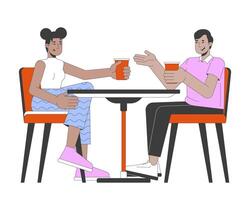 Multiracial friends with drinks at cafe table 2D linear cartoon characters. Man and woman resting in coffeeshop isolated line people white background. Communication color flat spot illustration vector