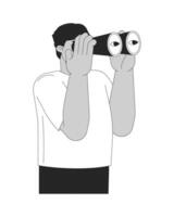 Arab man looking in binoculars black and white 2D line cartoon character. Middle eastern male with optical device isolated outline person. Observation monochromatic flat spot illustration vector