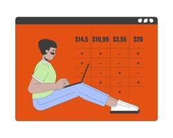Latin american man with laptop and price chart 2D linear cartoon character. Online services user isolated line person white background. Choosing tariff color flat spot illustration vector