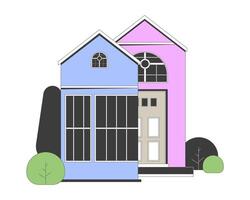 Residential building with glass facade 2D linear cartoon object. Apartment house with small garden isolated line element white background. Architecture color flat spot illustration vector