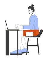 European man working on laptop 2D linear cartoon character. Caucasian male freelancer with computer isolated line person white background. Remote job color flat spot illustration vector