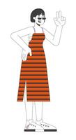 Cheerful asian woman with v gesture 2D linear cartoon character. Happy japanese lady shows positive emotions isolated line person white background. Having some fun color flat spot illustration vector