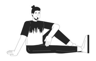 Positive caucasian man sitting on floor black and white 2D line cartoon character. Relaxed european male smiling isolated outline person. Rest in comfort monochromatic flat spot illustration vector