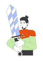 Caucasian man holding sword 2D linear cartoon character. European male cosplaying game hero isolated line person white background. Interesting hobby color flat spot illustration vector