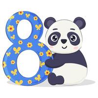 Panda bear character with number eight. Child eighth birthday postcard, party invitation design elements vector
