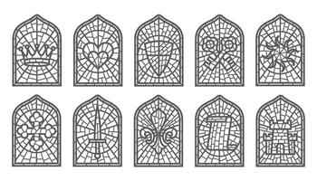 Church glass windows. Gothic arch frame with medieval symbols. Vintage architecture elements. Stained mosaic decoration set with crown, heart, shield and sword vector