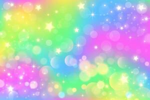 Rainbow gradient sky background. Unicorn space with glitter and stars. Holographic mermaid magic texture with bokeh. vector