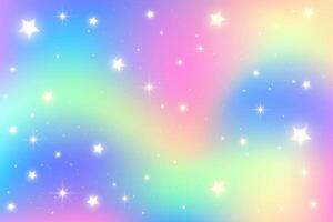 Rainbow unicorn background with glitter and stars. Pastel holographic sky with magic gradient texture. Iridescent wallpaper with sparkles vector