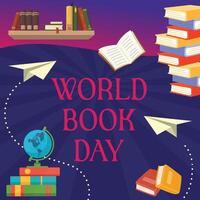 World book day illustration with books and objects related to education, World book day post vector