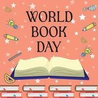World book day illustration with books and objects related to education, World book day post vector