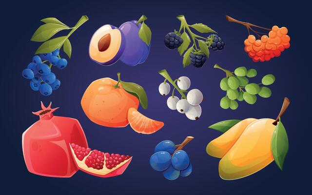 Set of bright fresh fruits and berries. Collection of isolated cartoon illustrations.