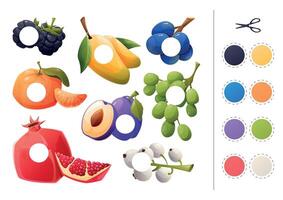 Educational children's patch game. Learning basic colors, cutting and gluing applique, activity page. Set of isolated cartoon fruits. vector
