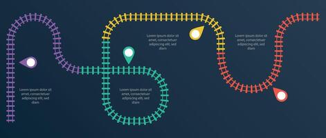 Railroad tracks infographic. Business template with numbers 4 options or steps. Railway simple icon, rail track direction, train tracks colorful illustration on a black background. vector