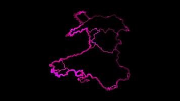 Neon frame effect Wales map, glow, black background. video