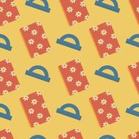 School seamless pattern. Red notebook and blue ruler on a yellow background. illustration for packaging, background, website, cover, card vector