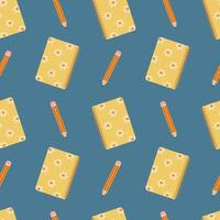 School notebook seamless pattern. Notepad and pencil on a blue background. illustration for cover, background, card, packaging vector