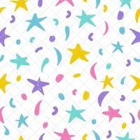 A seamless pattern of children's drawings, features a charming, naive texture that's perfect for youthful backgrounds. Hand-drawn cartoon scribbles, stars, and moon populate the pattern vector