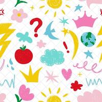 A seamless pattern of children's drawings, features a charming, naive texture that's perfect for youthful backgrounds. Hand-drawn cartoon scribbles, stars, and apple populate the pattern vector