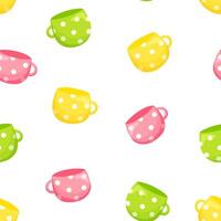 Mugs with polka dots seamless pattern. Tea ceremony background, wallpaper, print, textile, fabric, wrapping paper, packaging design vector