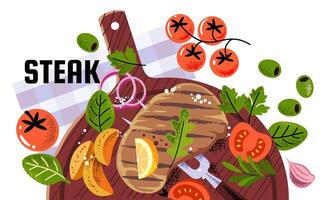 Meat steak on wooden tray. Top view with potatoes and tomato vector