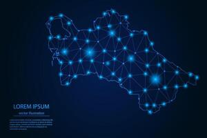 Abstract image Turkmenistan map - With Blue Glow Dots And Lines On Dark Gradient Background, 3D Mesh Polygon Network Connection. vector