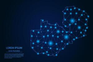 Abstract image Zambia map - With Blue Glow Dots And Lines On Dark Gradient Background, 3D Mesh Polygon Network Connection. vector