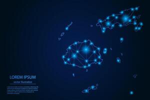Abstract image Fiji map - With Blue Glow Dots And Lines On Dark Gradient Background, 3D Mesh Polygon Network Connection. vector