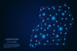 Abstract image Uganda map - With Blue Glow Dots And Lines On Dark Gradient Background, 3D Mesh Polygon Network Connection. vector