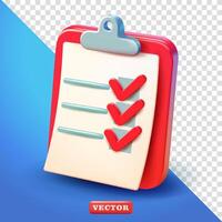 Paper with check marks on top of clipboard, 3d. Suitable for business and element design vector