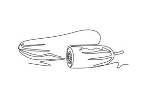 Single continuous line drawing whole and sliced healthy organic cucumber for orchard logo identity. Fresh vegetable concept for vegan garden. Dynamic one line draw graphic design illustration vector