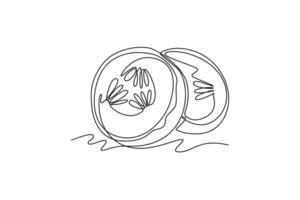 Single continuous line drawing round sliced healthy organic cucumber for orchard logo identity. Fresh vegetable concept for vegan garden icon. Dynamic one line draw graphic design illustration vector