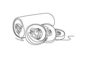 Single continuous line drawing whole and sliced healthy organic cucumber for orchard logo identity. Fresh vegetable concept for vegan garden. Dynamic one line draw graphic design illustration vector