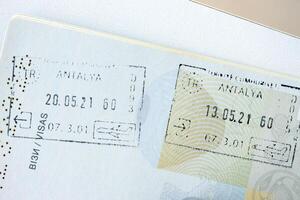 KYIV, UKRAINE - APRIL 20, 2024 Page of foreign passport with visas, Turkiye border stamps, permits to enter countries, concept of traveling around the world, travelers document photo