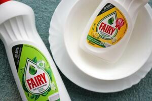 KYIV, UKRAINE - OCTOBER 31, 2023 Bottle of Fairy washing up Liquid produced by Procter and Gamble and sold in most parts of Europe photo