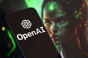 KYIV, UKRAINE - MARCH 17, 2024 OpenAI logo on iPhone display screen with background of artificial intelligence futuristic image photo