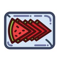 Watermelon slices on rectangle plate from above top angle view colored icon illustration outline isolated on square white background. Simple flat fresh fruit cartoon art styled drawing. vector