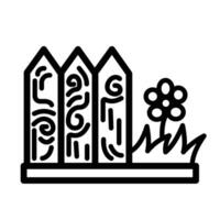 Home garden themed icon illustration with fence, grass, and flower decoration isolated on square white background. Simple flat cartoon styled park drawing. vector