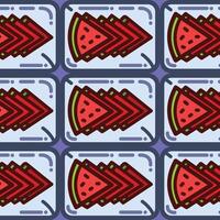 Watermelon slices on rectangle plate from above top angle view pattern illustration with outline isolated on square background. Simple flat fresh fruit cartoon art styled drawing. vector