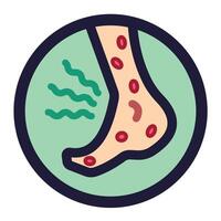 Eczema or bed bug bites on foot colored icon illustration with outline isolated on square white background. Simple flat health care rash and allergy treatment themed cartoon styled drawing. vector