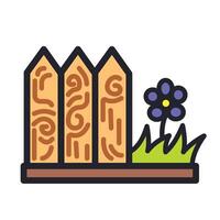 Colorful home garden themed icon illustration with fence, grass, and flower decoration isolated on square white background. Simple flat cartoon styled park drawing. vector