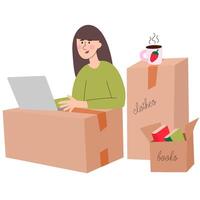 Woman moved to a new house and works on boxes. Freelance worker at laptop computer on cardboard boxes.People move and pack things into boxes. vector