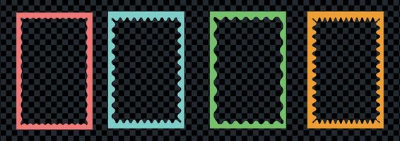 Colored stories frames set. Zigzag wavy edges, retro squiggle frames, psychedelic rectangles, photo frames, text boxes, tags, labels. Groovy shapes set. Wave and curvy borders vector