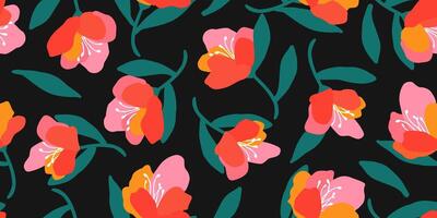 Trendy exotic hand drawn flowers seamless pattern. Floral background for textile, wallpaper, banner, covers, surface, printing and home decor. Flower illustration. vector