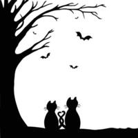 two cats are sitting under a tree with bats flying around them vector