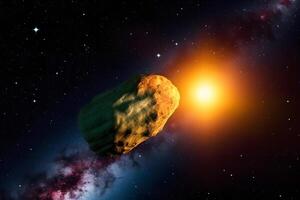 A comet, an asteroid, a meteorite falls to the ground against a starry sky. Neural network photo