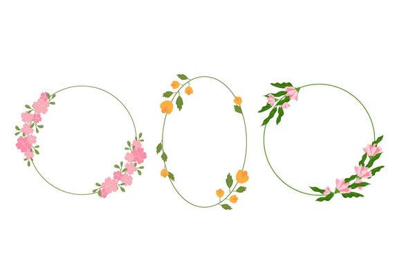 Floral frames set. Botanical wreaths with cute flowers and leaves. Decorative round and oval frames isolated